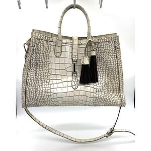 Claudia Richard Croc-Embossed Shoulder Bag in Cream and Black